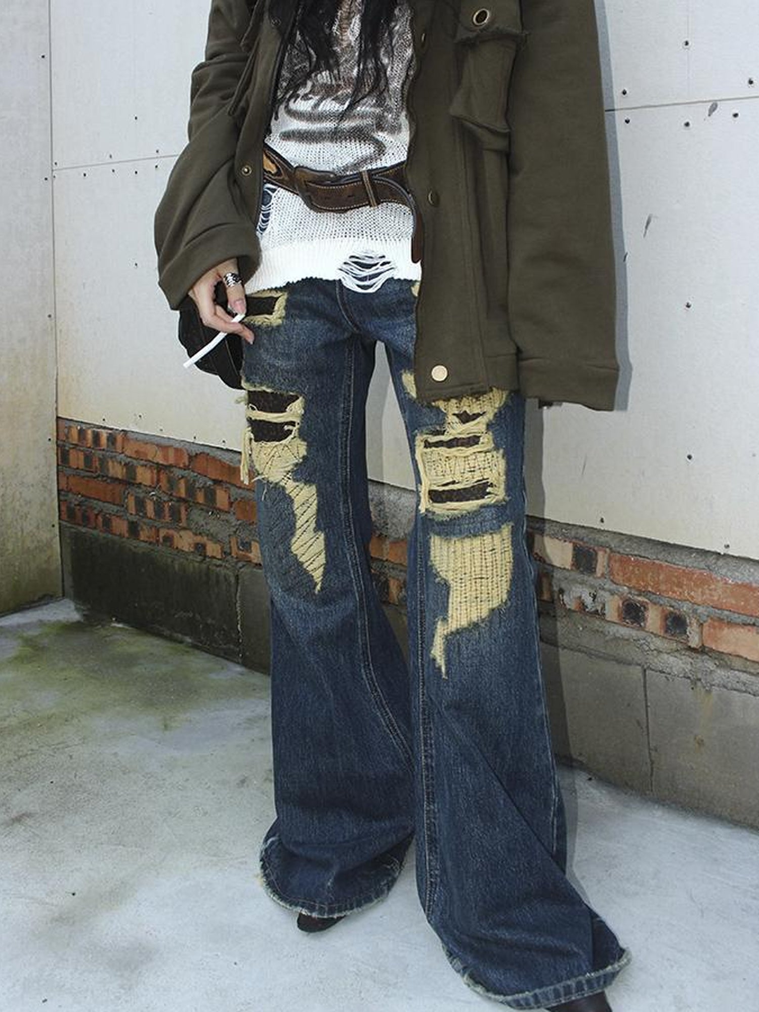 ang project Vintage Light Wash Frayed Hem Patchwork Leopard Ripped Flared Jeans