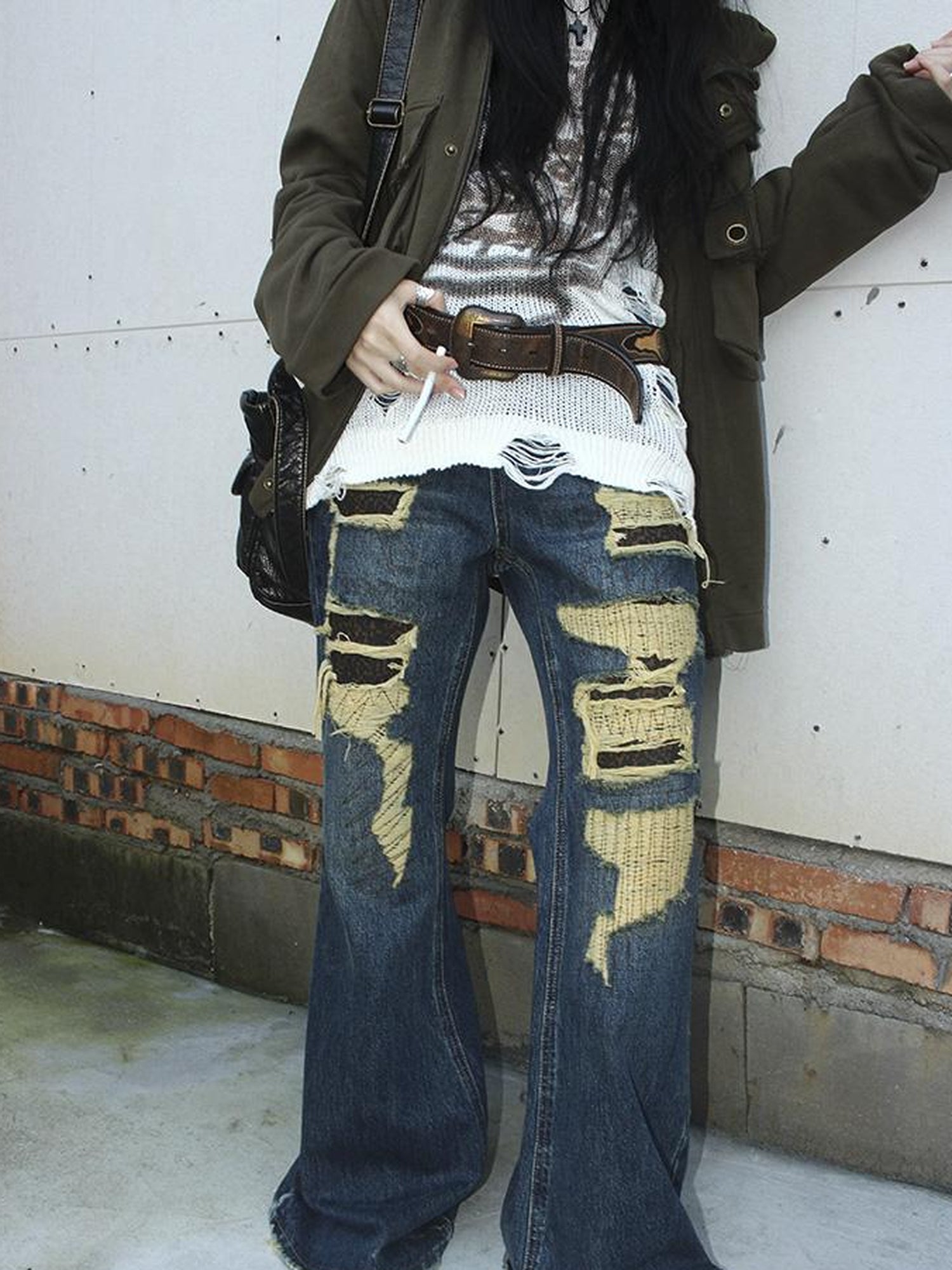 ang project Vintage Light Wash Frayed Hem Patchwork Leopard Ripped Flared Jeans