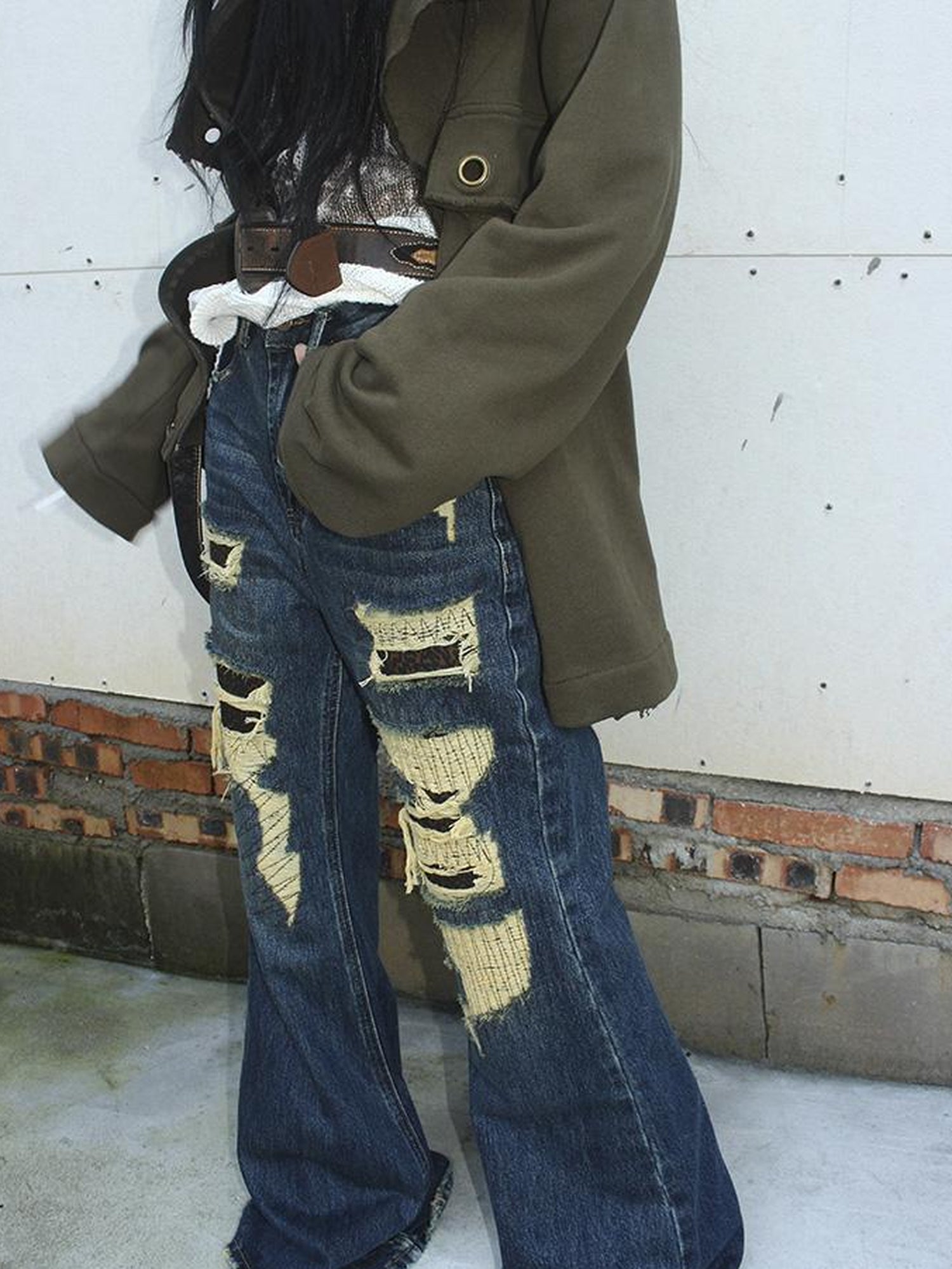 ang project Vintage Light Wash Frayed Hem Patchwork Leopard Ripped Flared Jeans