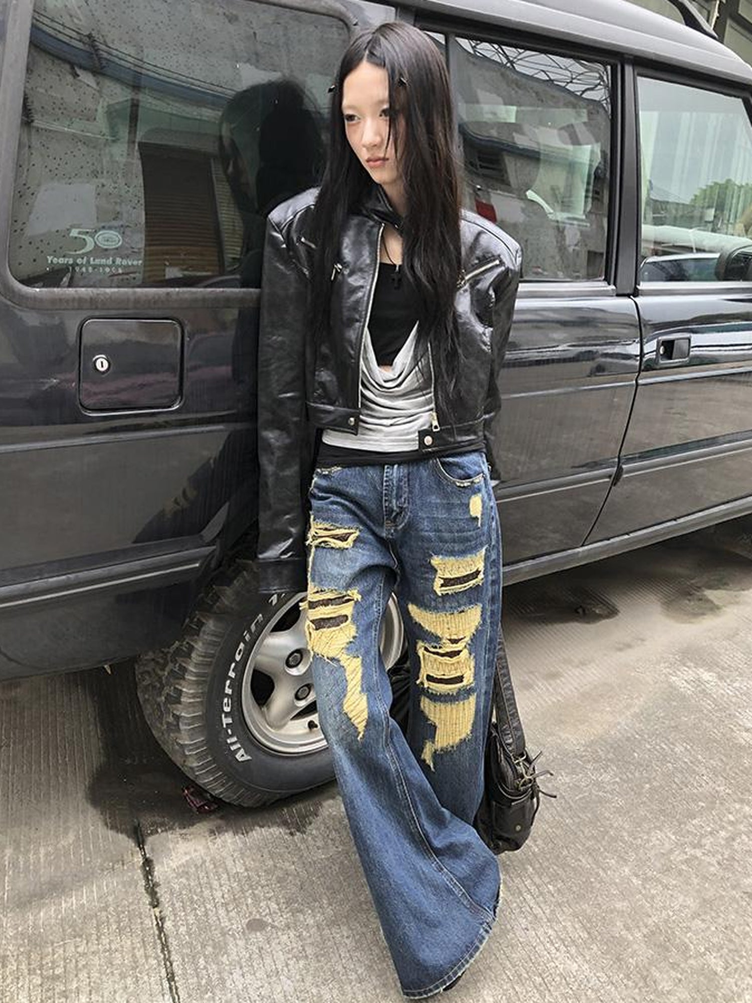 ang project Vintage Light Wash Frayed Hem Patchwork Leopard Ripped Flared Jeans