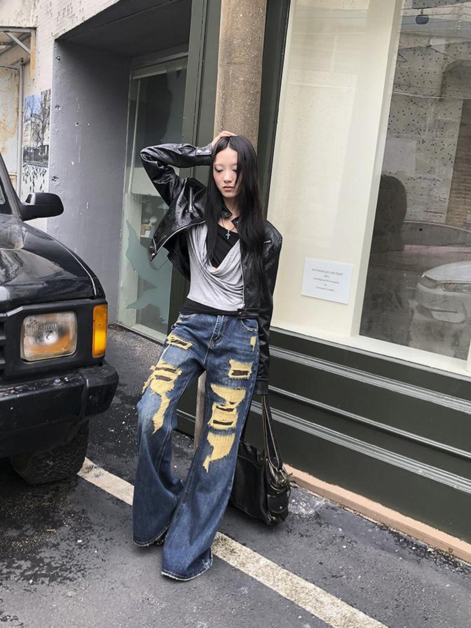 ang project Vintage Light Wash Frayed Hem Patchwork Leopard Ripped Flared Jeans