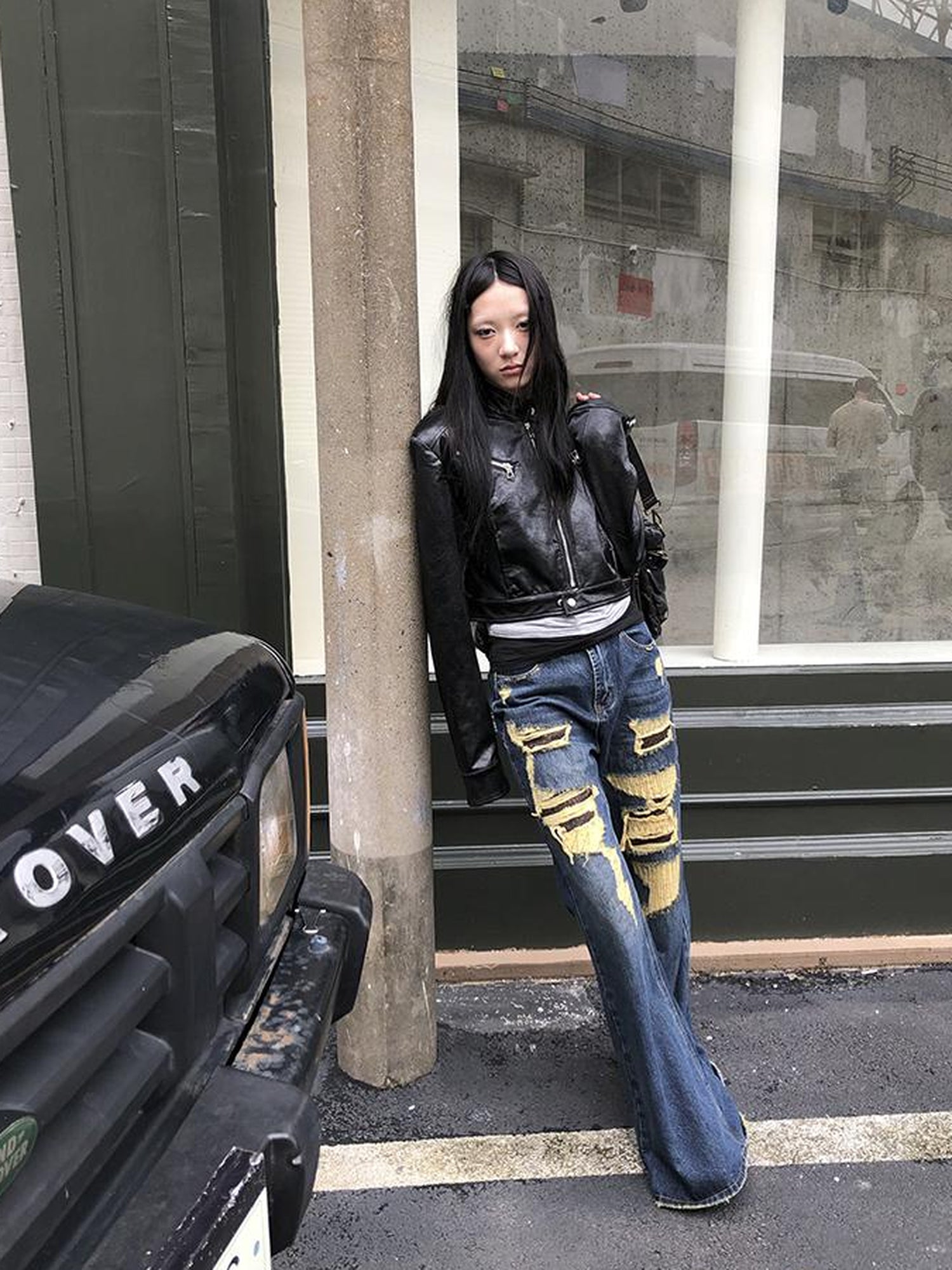ang project Vintage Light Wash Frayed Hem Patchwork Leopard Ripped Flared Jeans