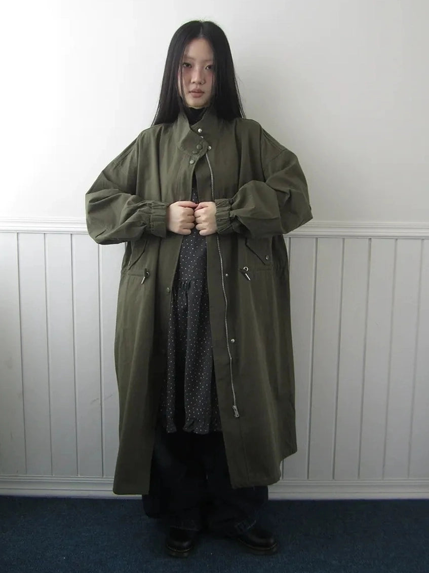 ang project Vintage Loose Fit Drawstring Waist Trench Coat Coat