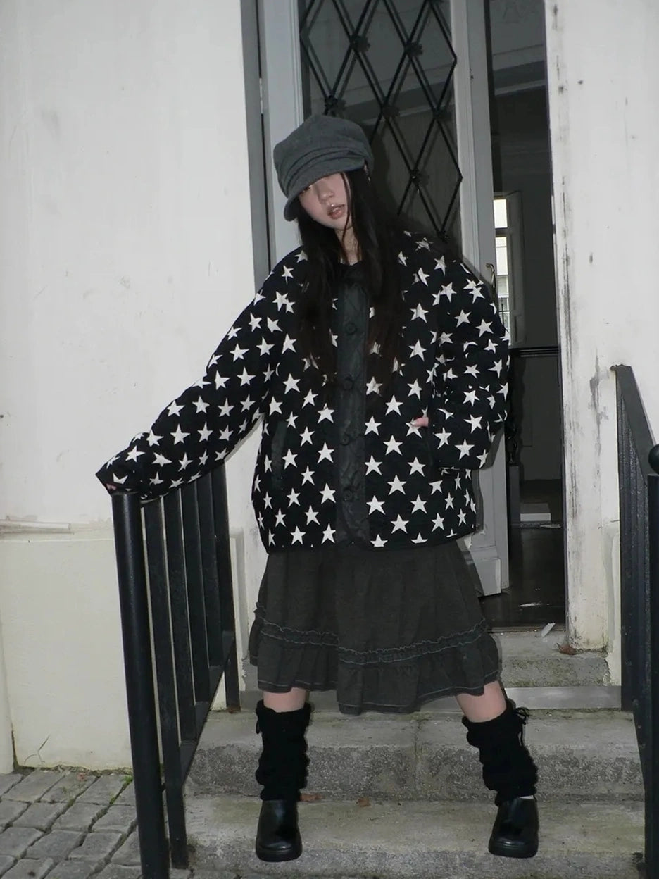 ang project Vintage Loose Fit Star Print Cotton Jacket Padded Jacket
