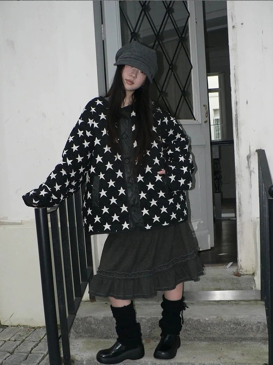 ang project Vintage Loose Fit Star Print Cotton Jacket Padded Jacket