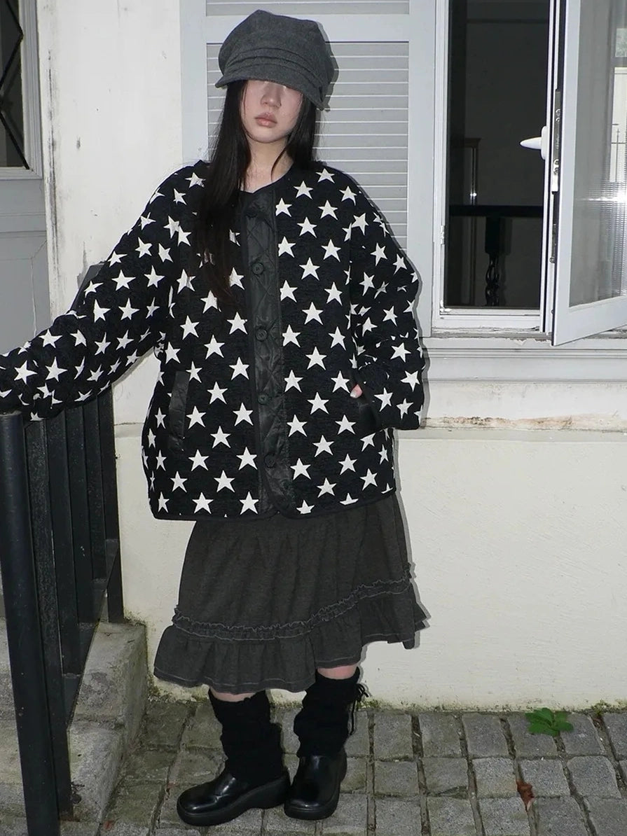 ang project Vintage Loose Fit Star Print Cotton Jacket Padded Jacket
