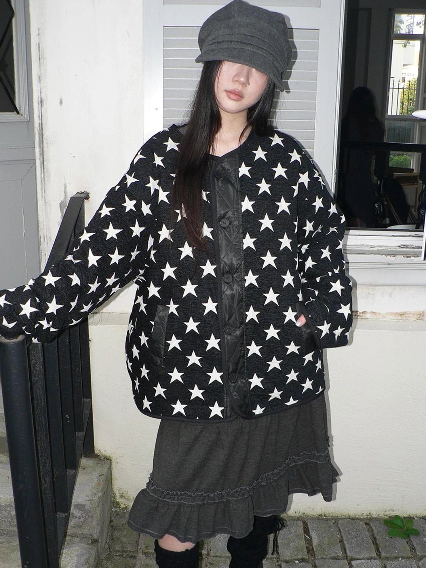ang project Vintage Loose Fit Star Print Cotton Jacket Padded Jacket