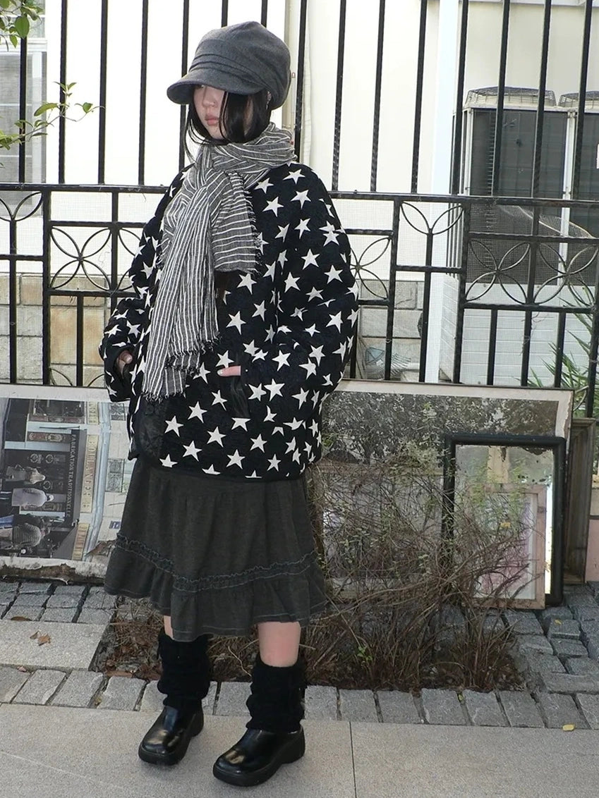 ang project Vintage Loose Fit Star Print Cotton Jacket Padded Jacket