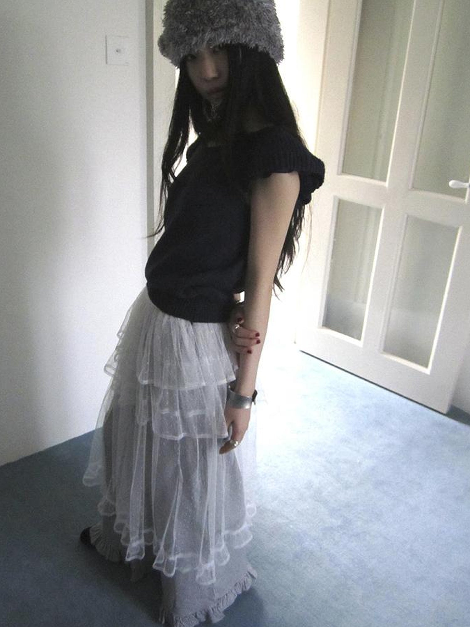 ang project Vintage Loose Knit Short Sleeve With Flutter Sleeves