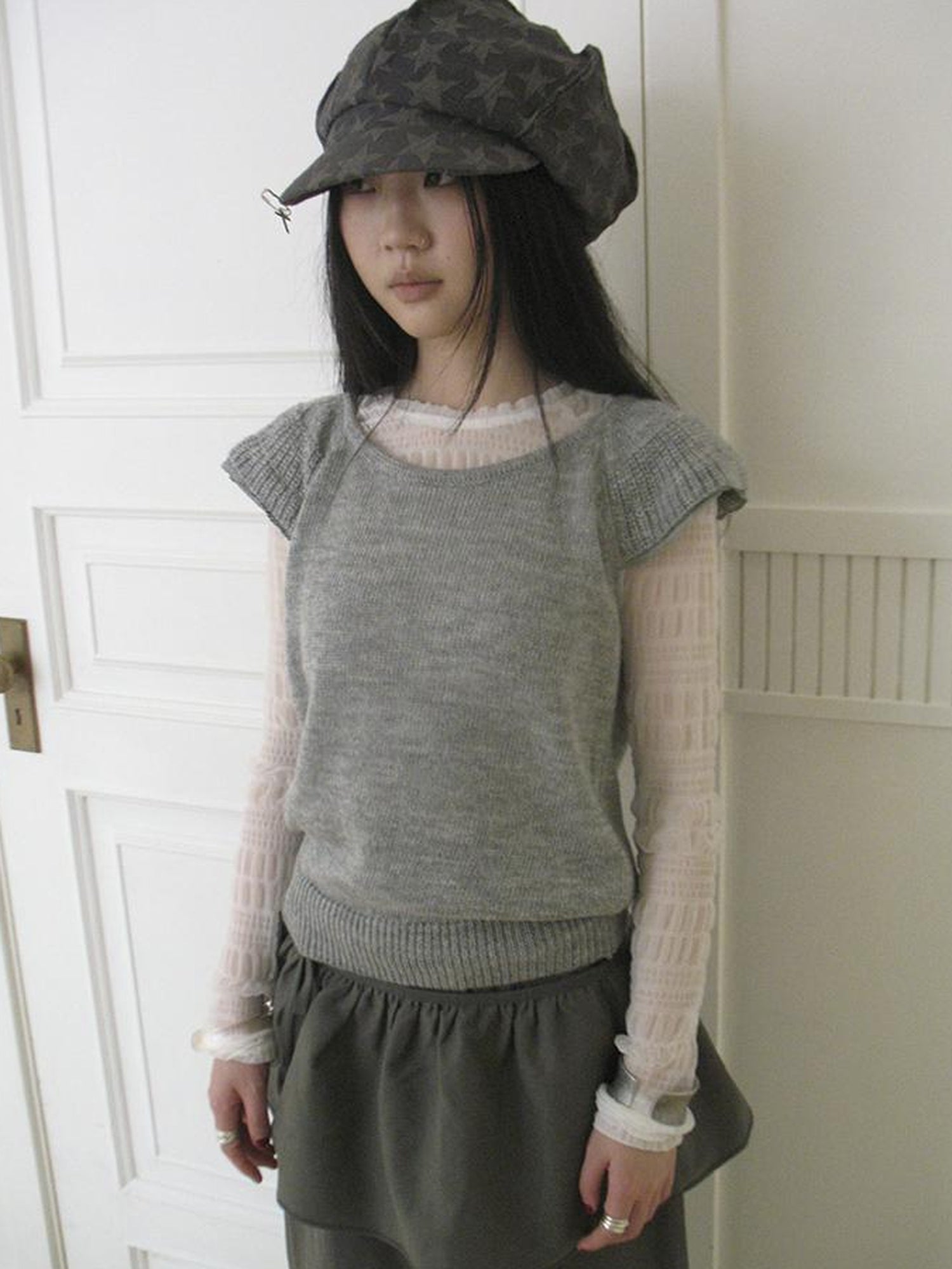 ang project Vintage Loose Knit Short Sleeve With Flutter Sleeves