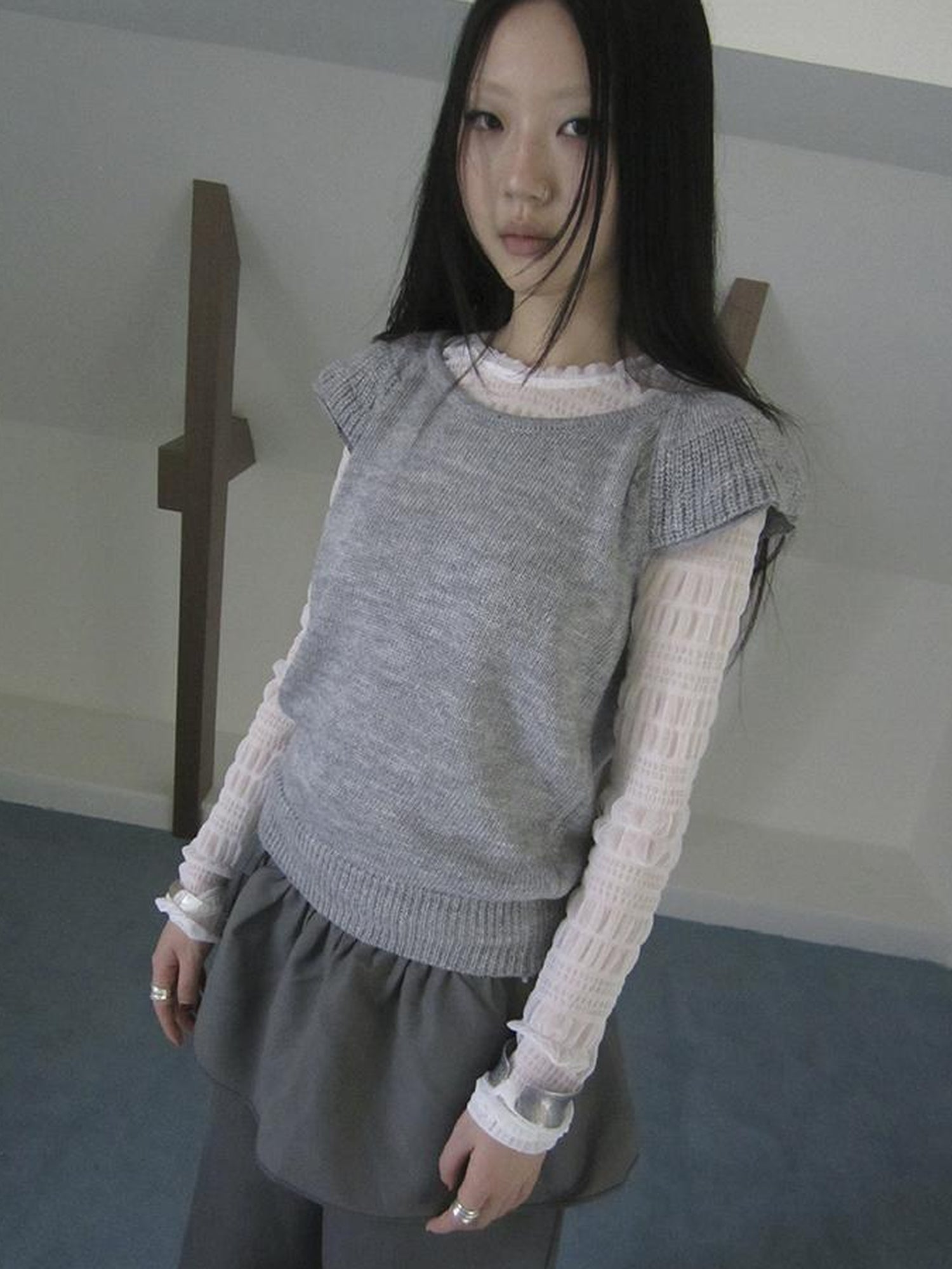 ang project Vintage Loose Knit Short Sleeve With Flutter Sleeves