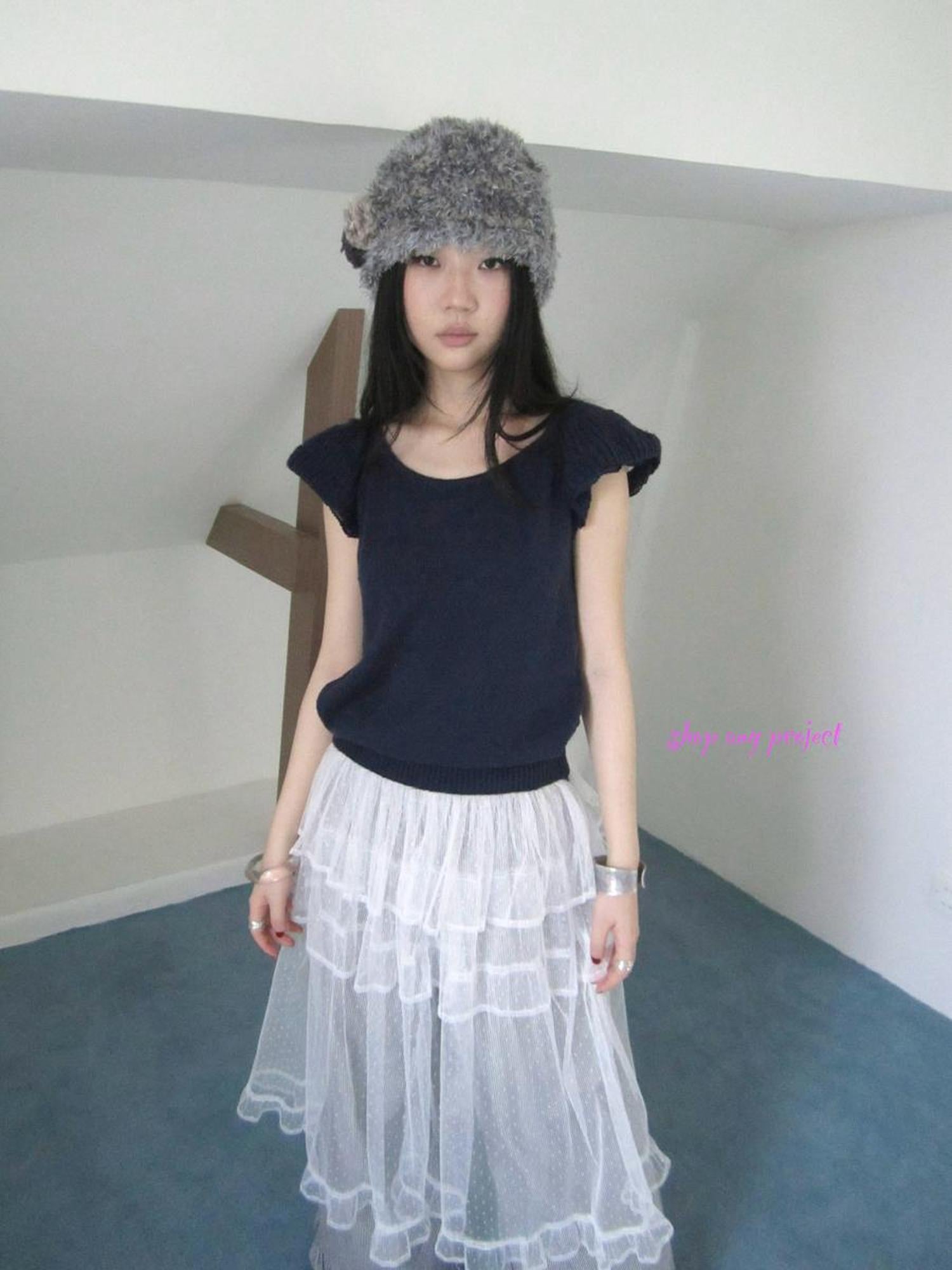 ang project Vintage Loose Knit Short Sleeve With Flutter Sleeves