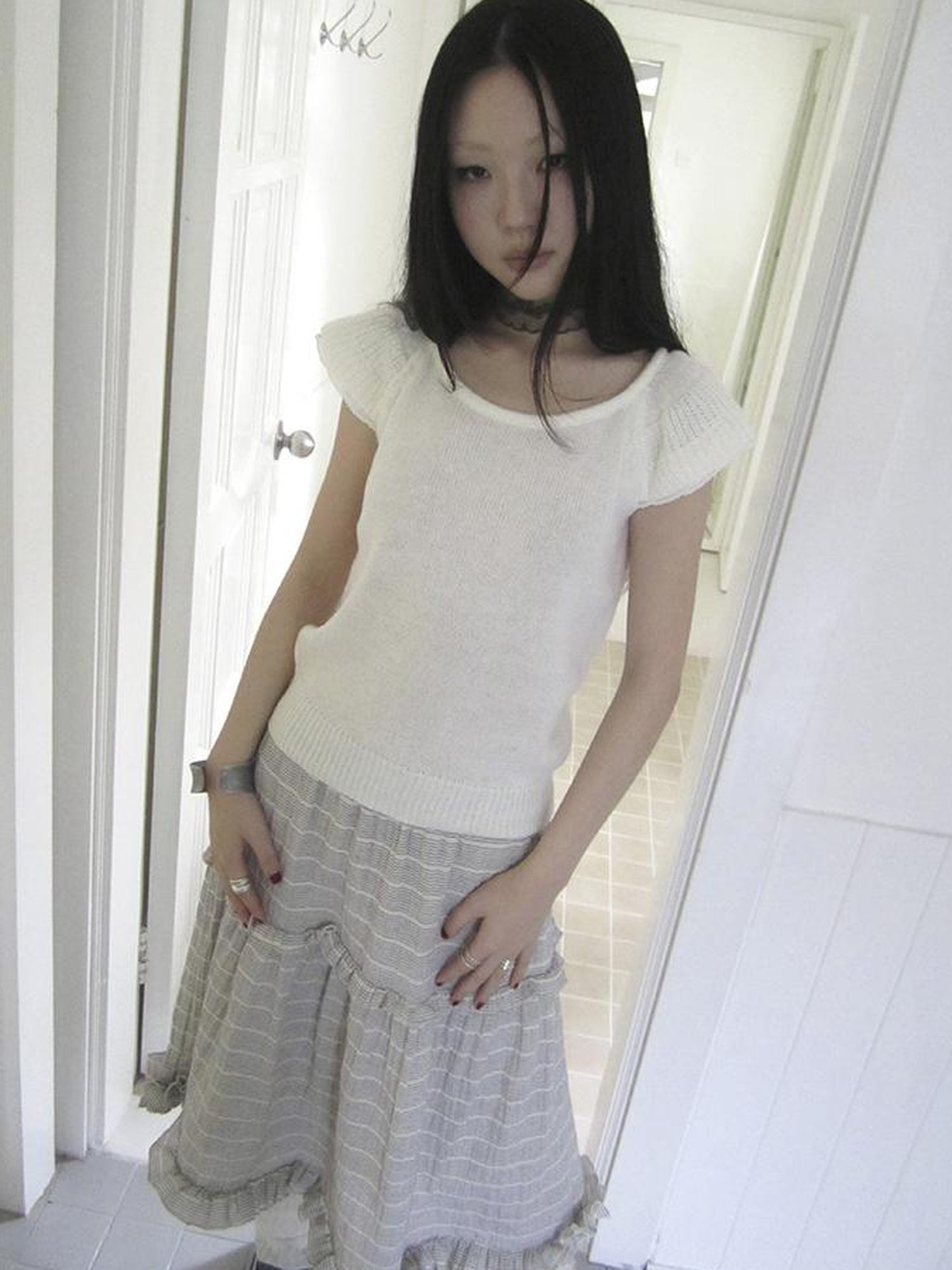 ang project Vintage Loose Knit Short Sleeve With Flutter Sleeves