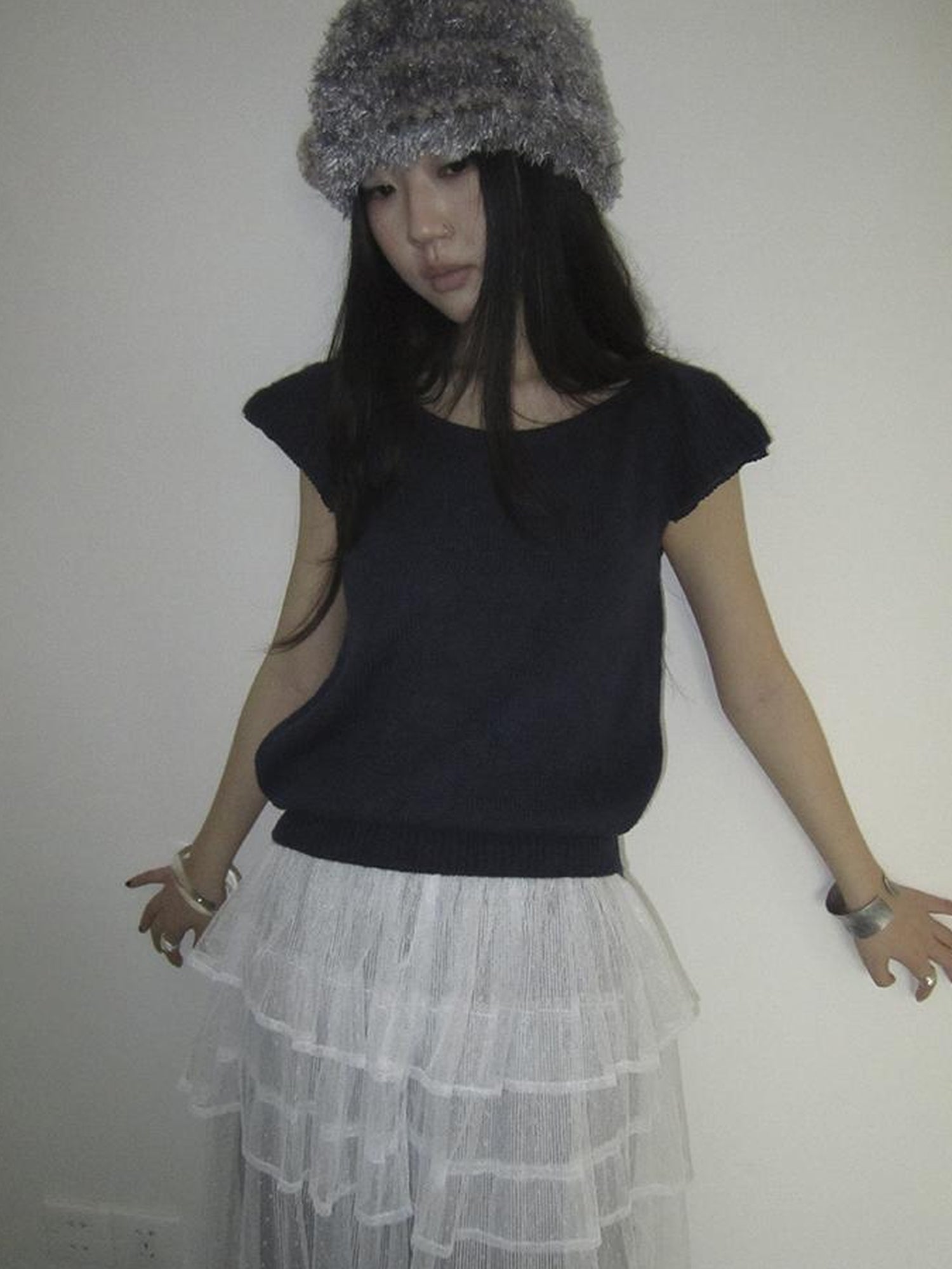 ang project Vintage Loose Knit Short Sleeve With Flutter Sleeves