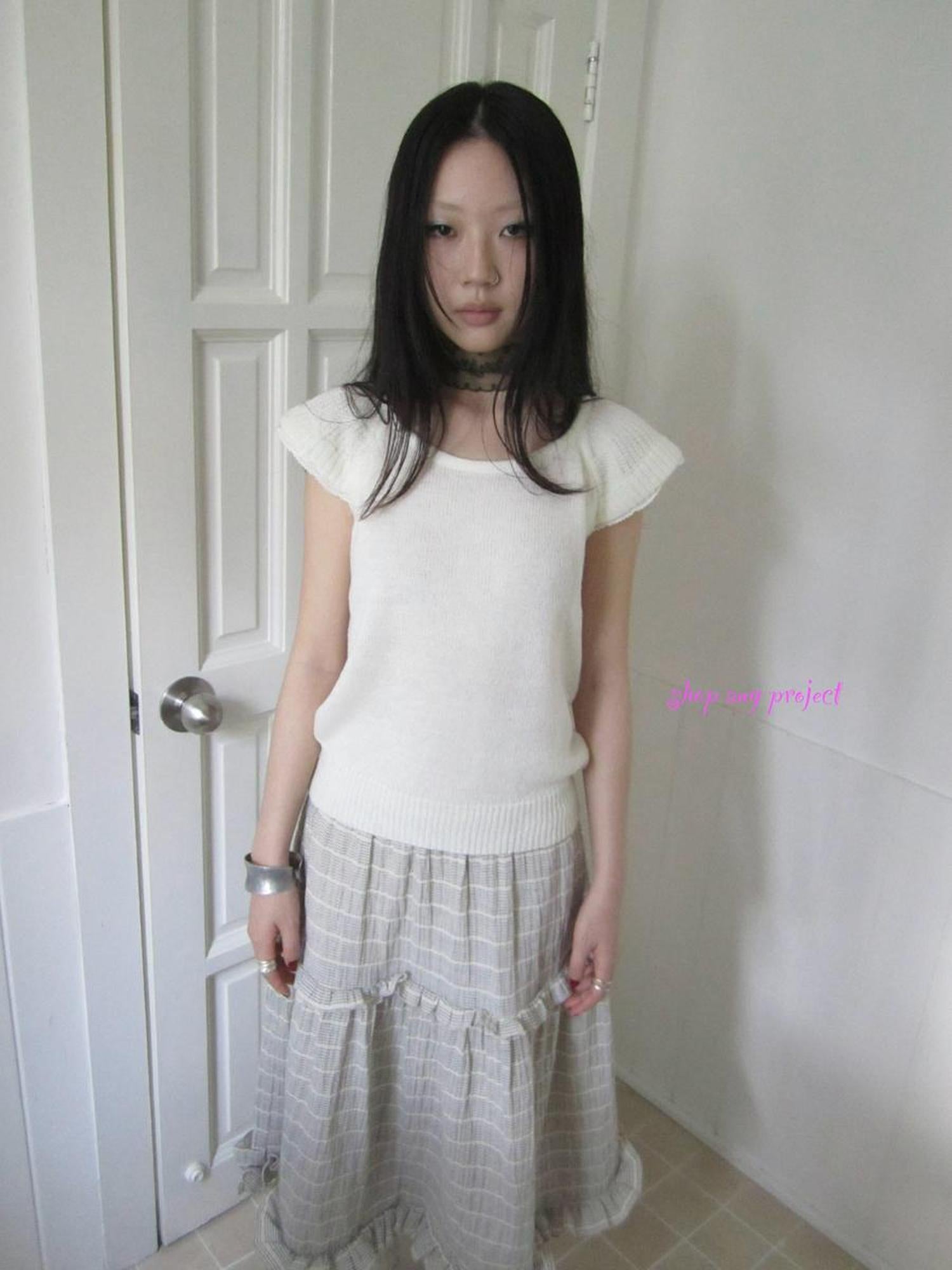 ang project Vintage Loose Knit Short Sleeve With Flutter Sleeves