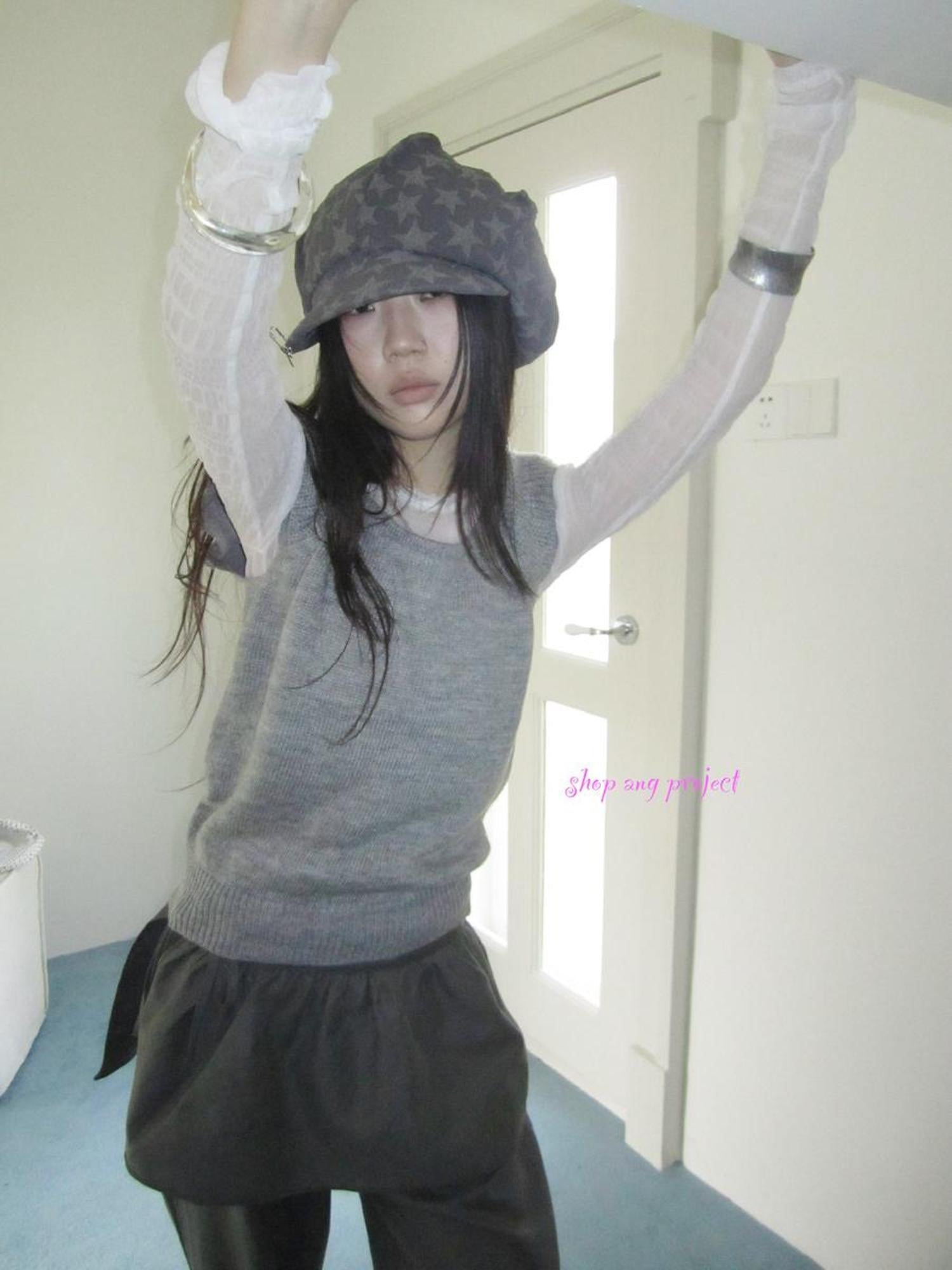 ang project Vintage Loose Knit Short Sleeve With Flutter Sleeves