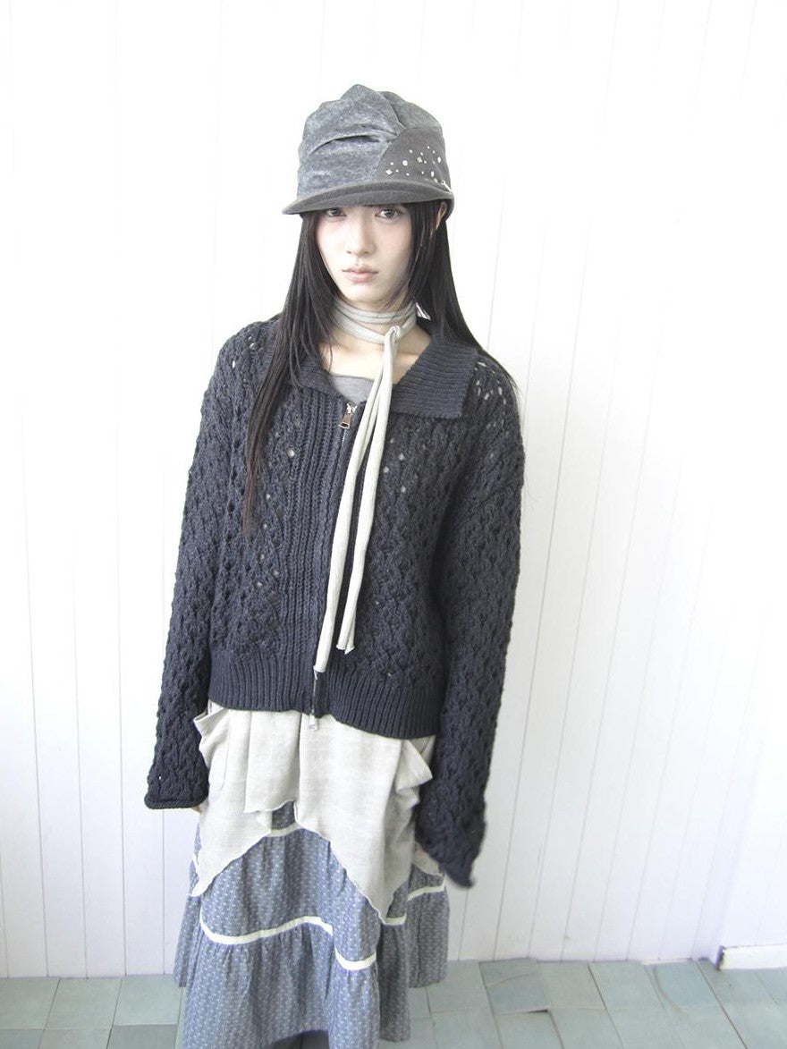 ang project Vintage Openwork Double Zip Lapel Collar Women&