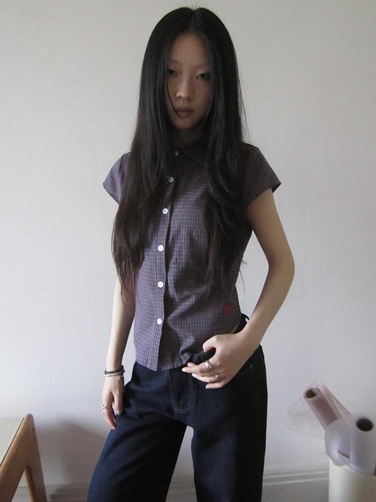 ang project Vintage Plaid Cropped T Shirt With Embroidery