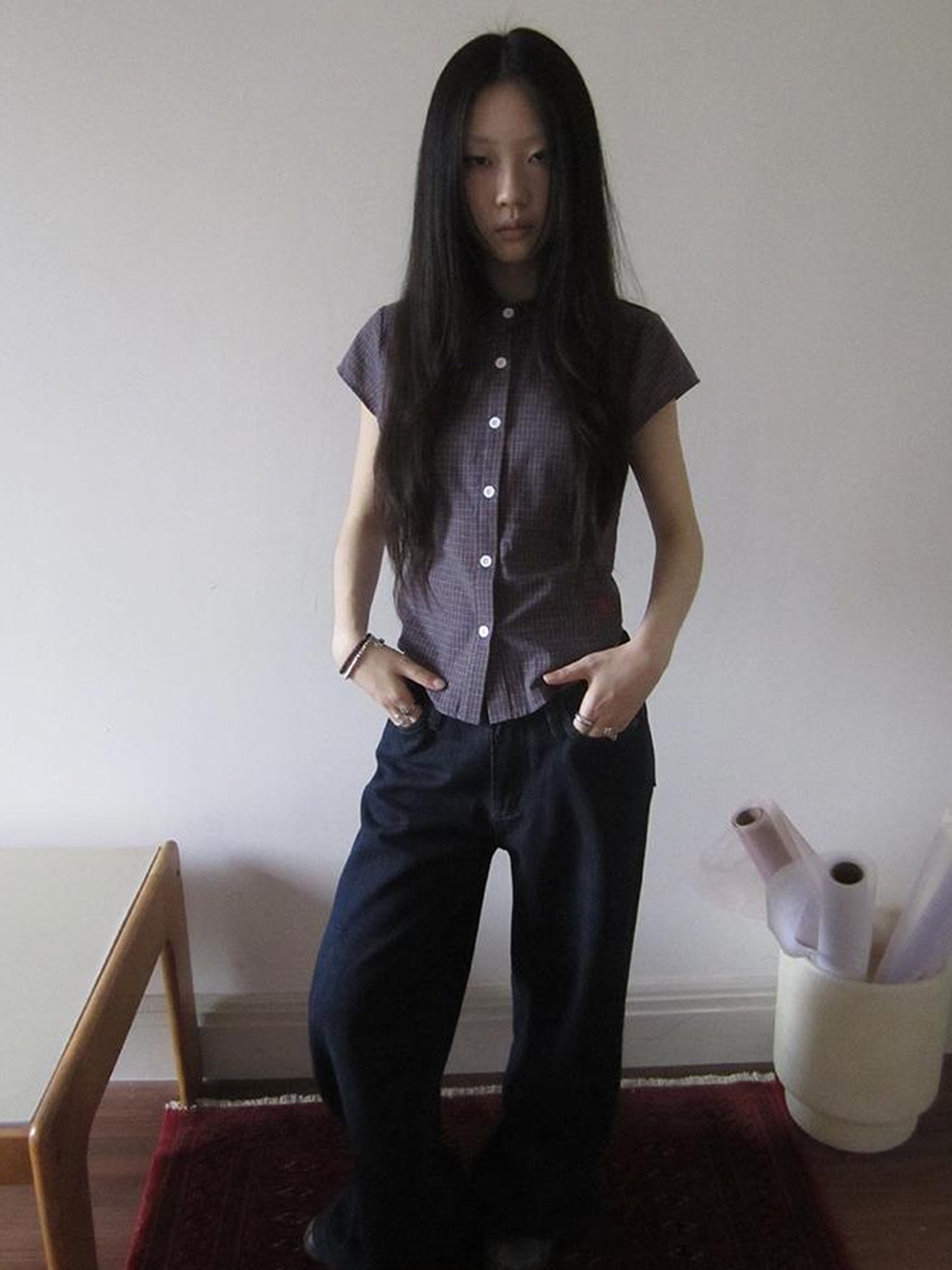 ang project Vintage Plaid Cropped T Shirt With Embroidery