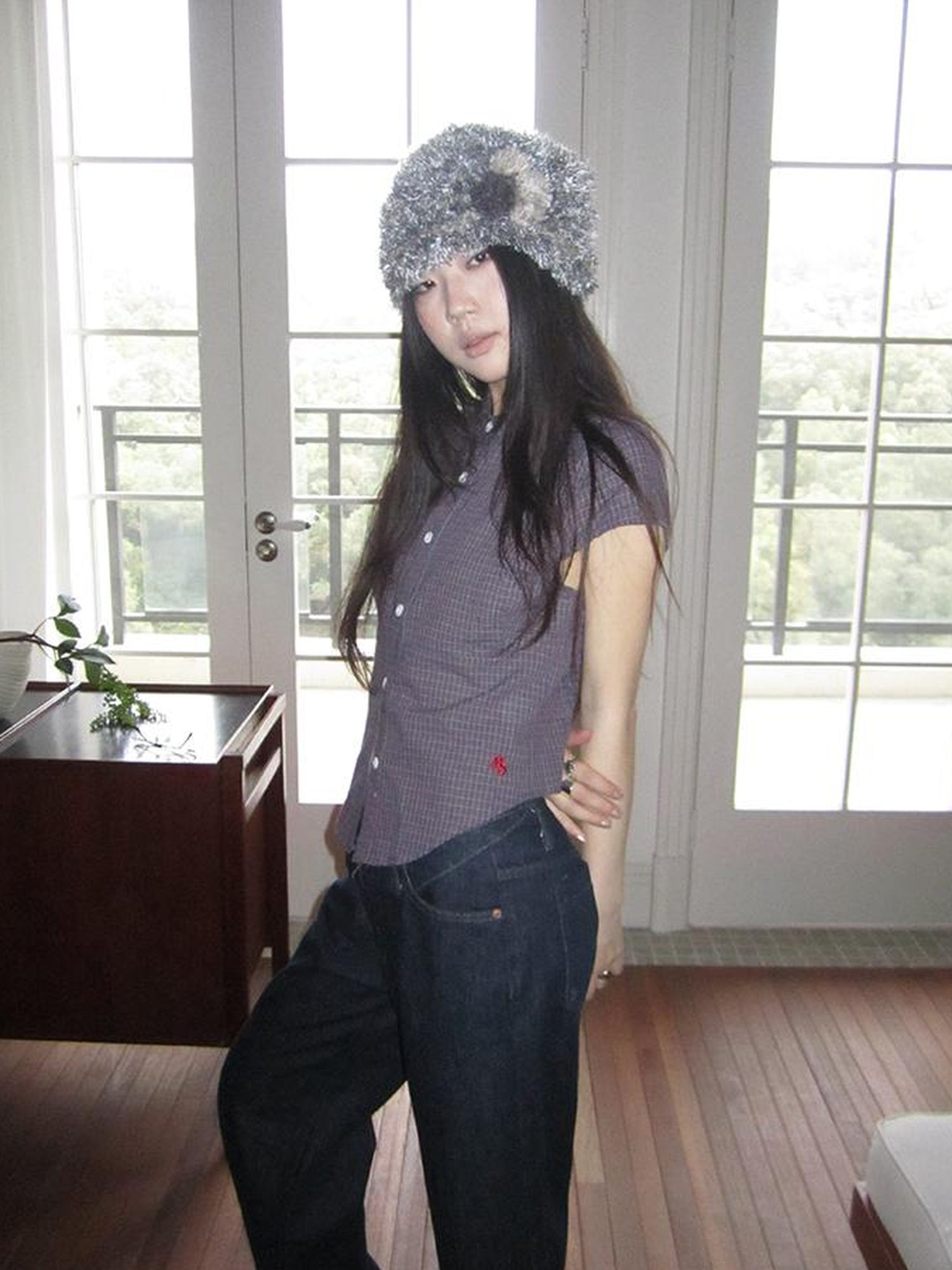 ang project Vintage Plaid Cropped T Shirt With Embroidery