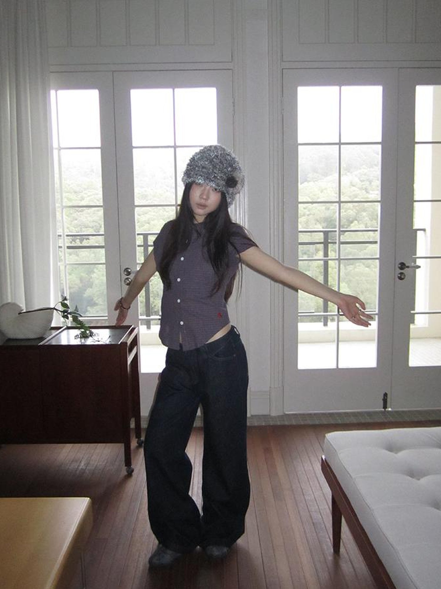 ang project Vintage Plaid Cropped T Shirt With Embroidery