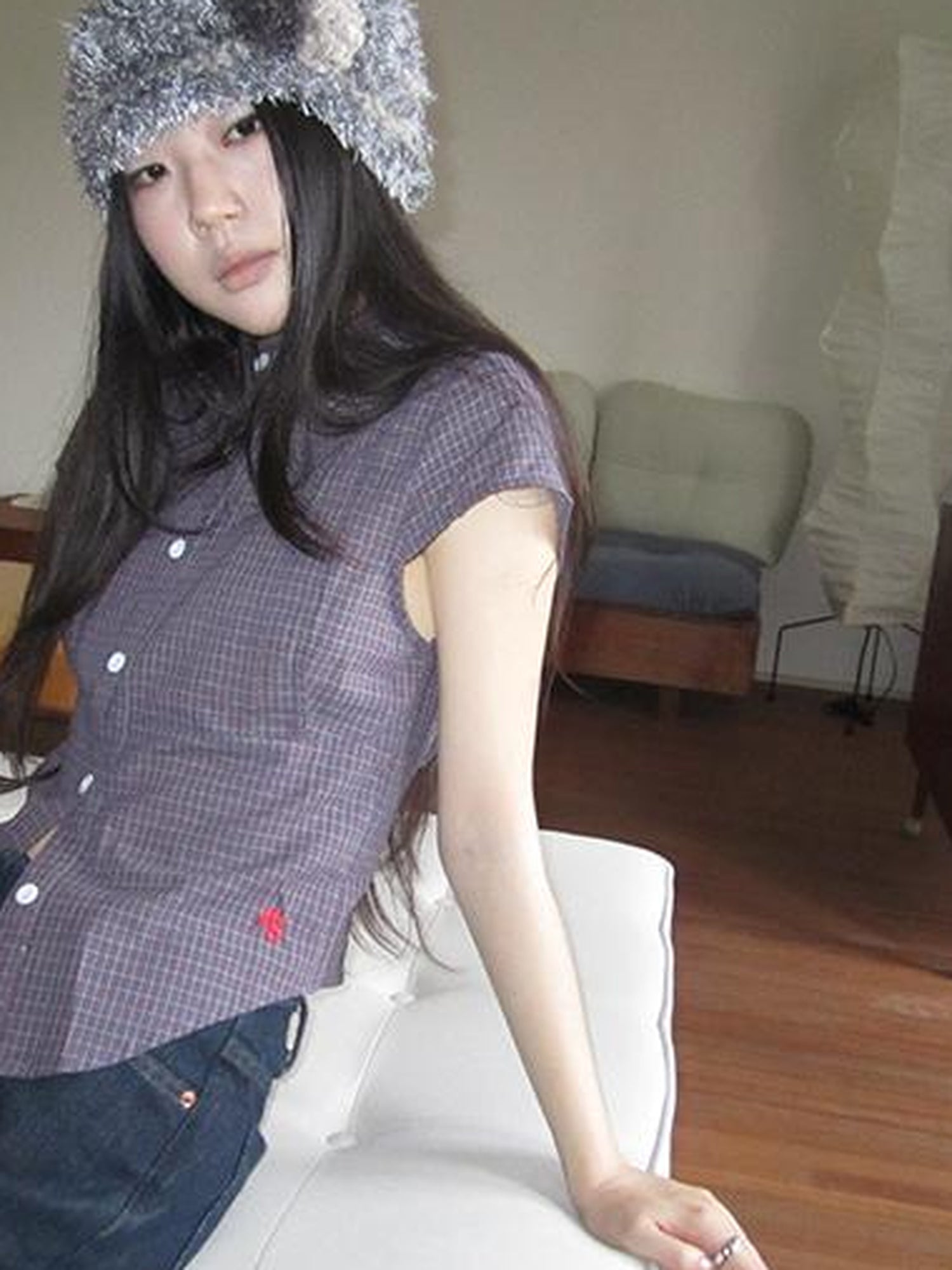 ang project Vintage Plaid Cropped T Shirt With Embroidery