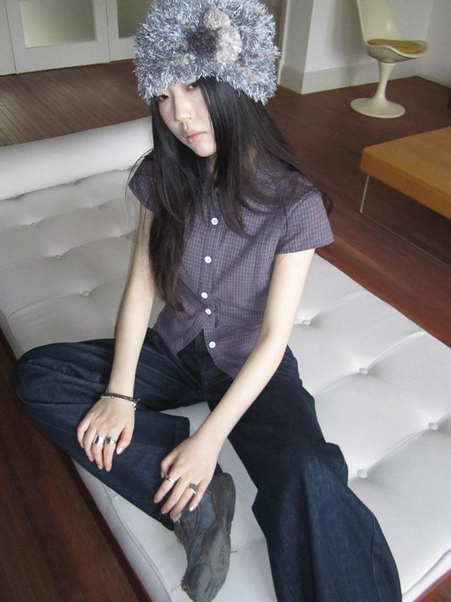 ang project Vintage Plaid Cropped T Shirt With Embroidery