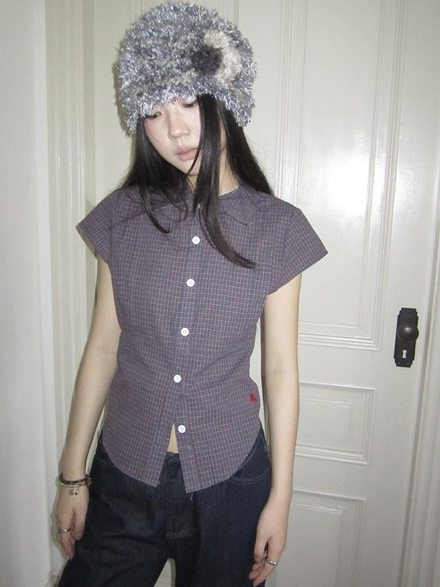 ang project Vintage Plaid Cropped T Shirt With Embroidery