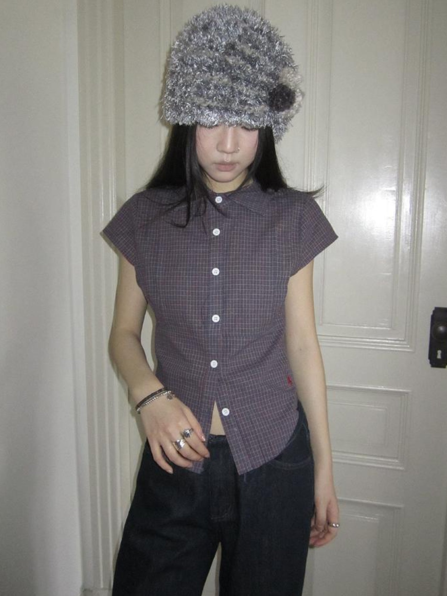 ang project Vintage Plaid Cropped T Shirt With Embroidery