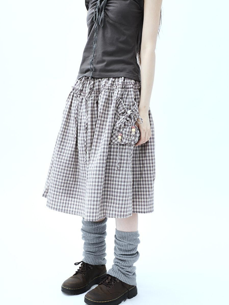 ang project Vintage Plaid Drawstring Pockets A Line Women&