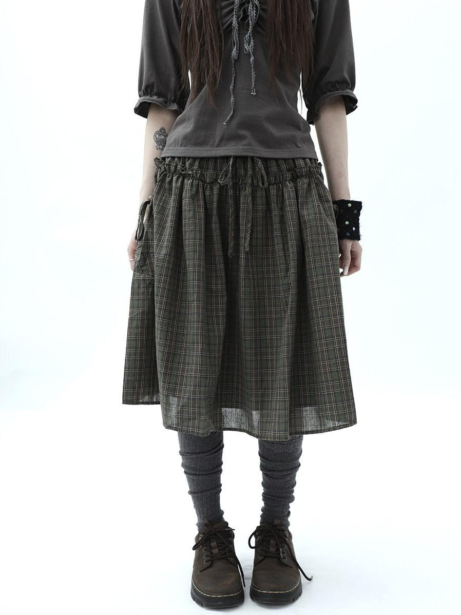 ang project Vintage Plaid Drawstring Pockets A Line Women&