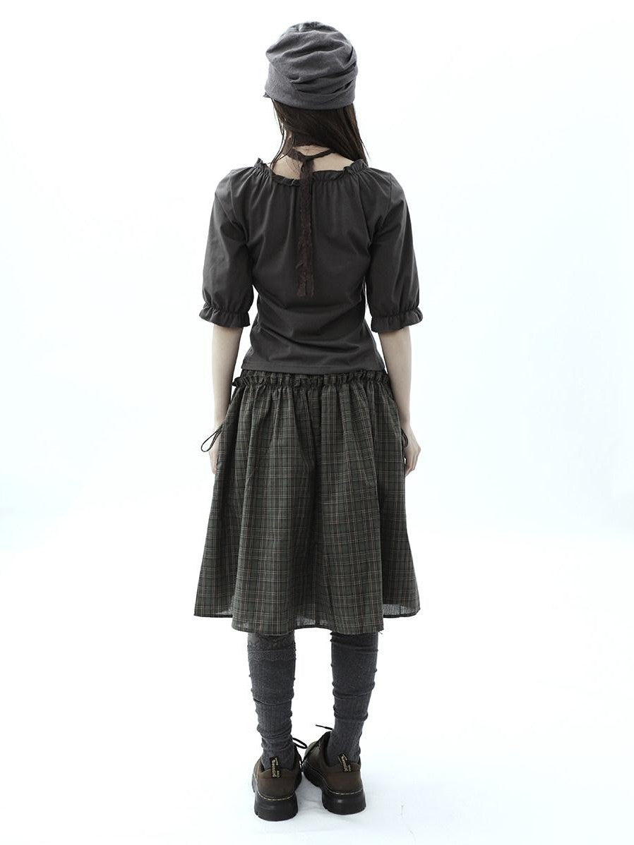 ang project Vintage Plaid Drawstring Pockets A Line Women&
