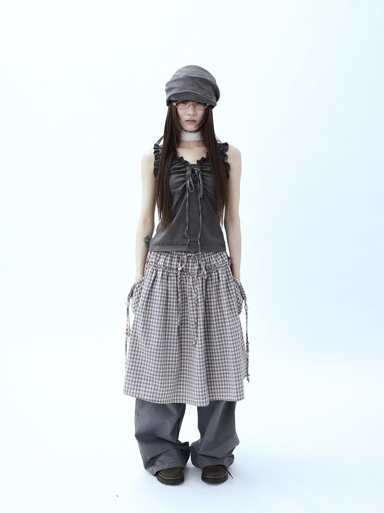 ang project Vintage Plaid Drawstring Pockets A Line Women&
