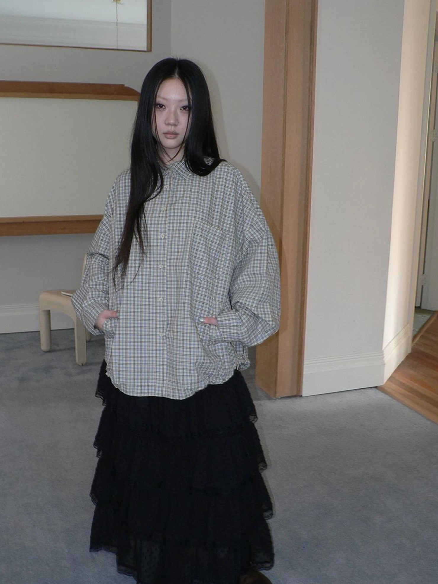 ang project Vintage Plaid Drawstring Waist Shirt Jacket Shirts