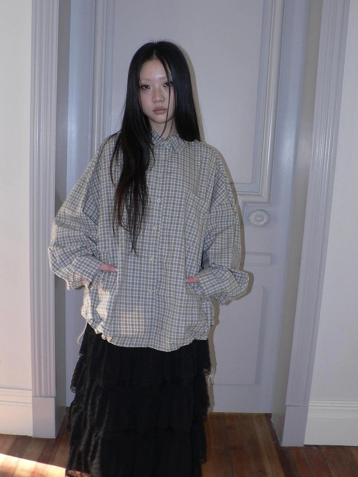 ang project Vintage Plaid Drawstring Waist Shirt Jacket Shirts