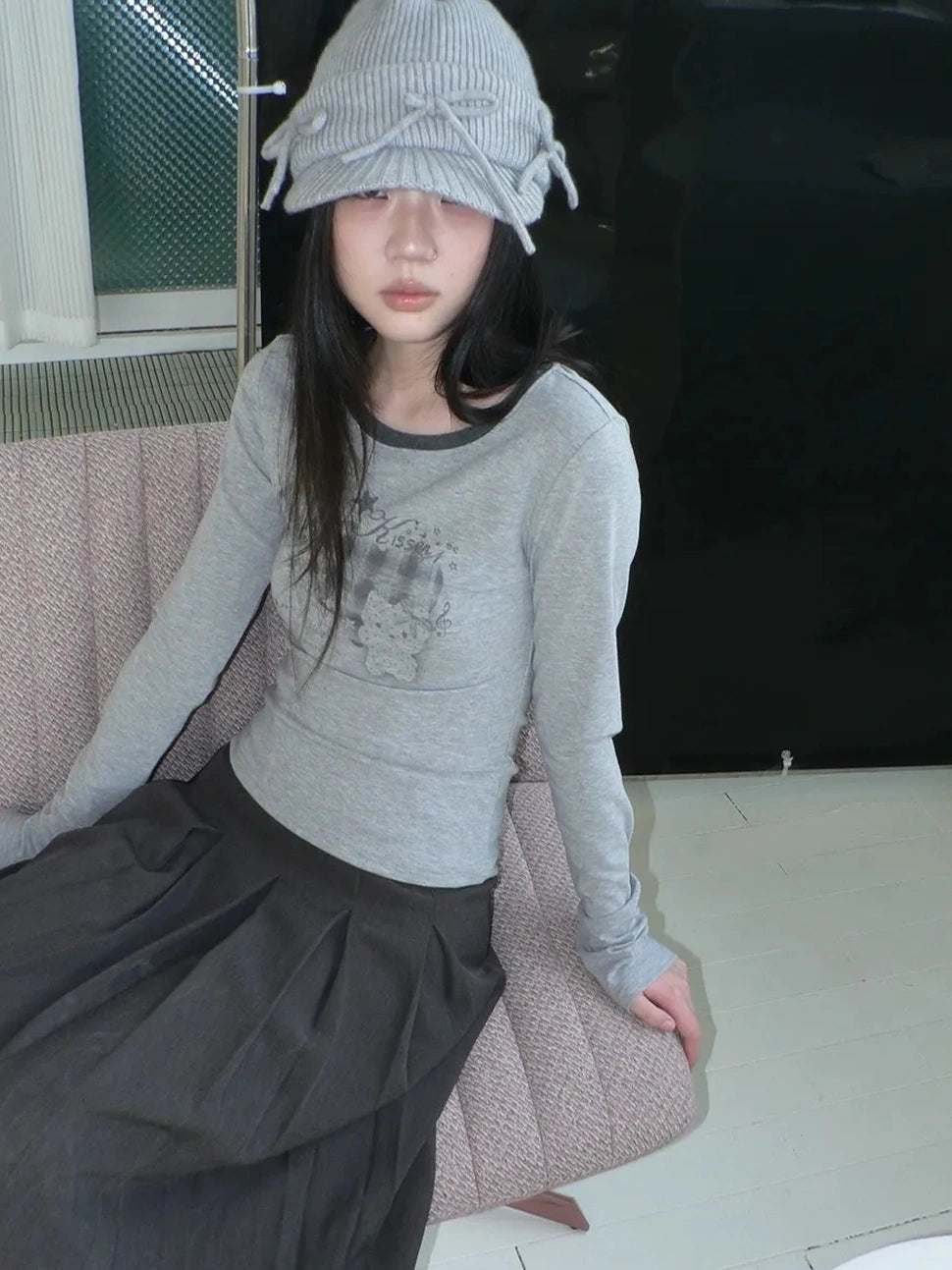 ang project Vintage Plaid Heart Print Long Sleeve Tee T-shirt