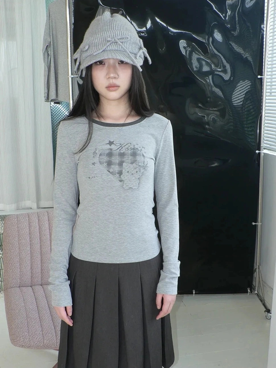 ang project Vintage Plaid Heart Print Long Sleeve Tee T-shirt