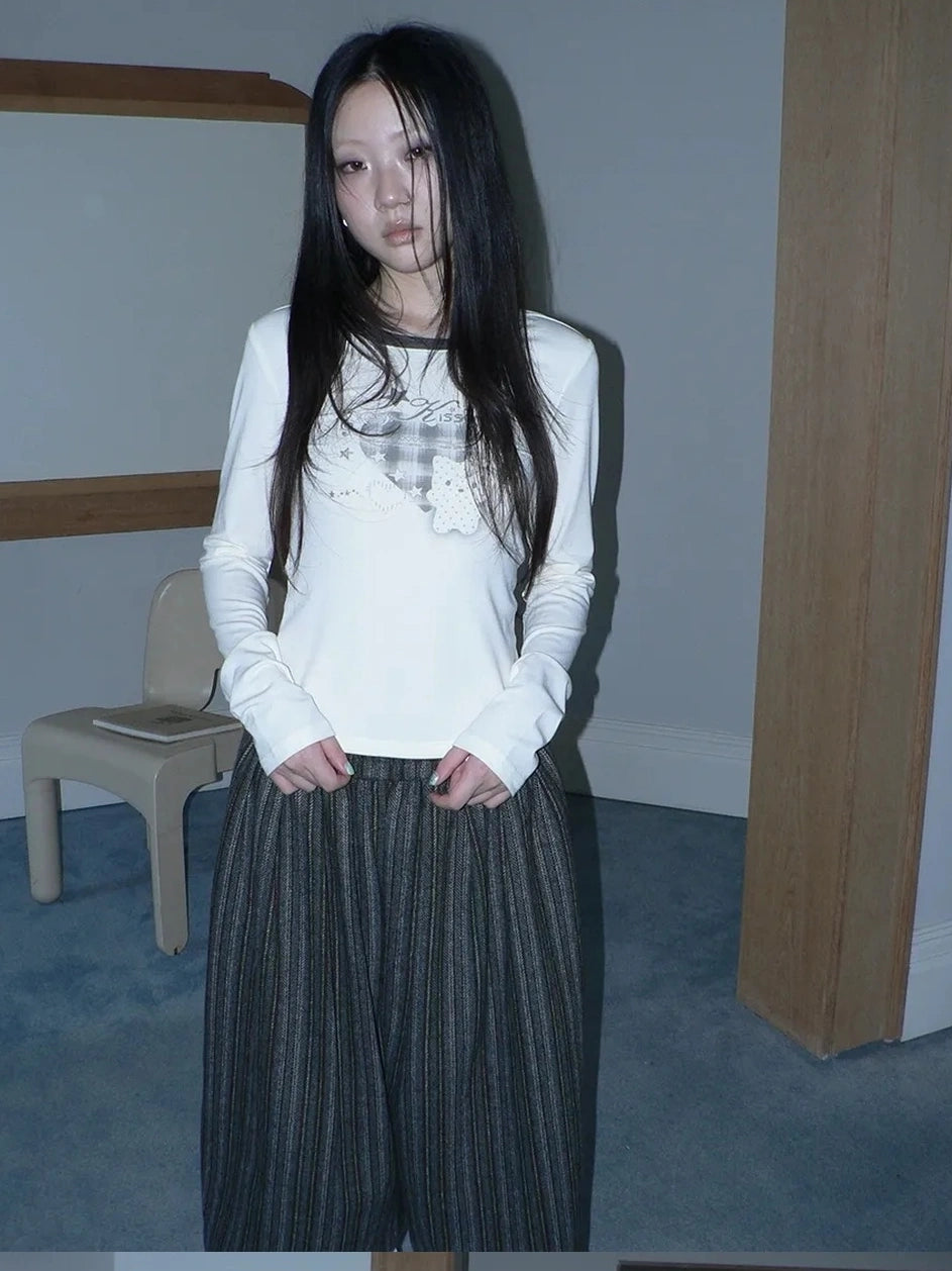 ang project Vintage Plaid Heart Print Long Sleeve Tee T-shirt