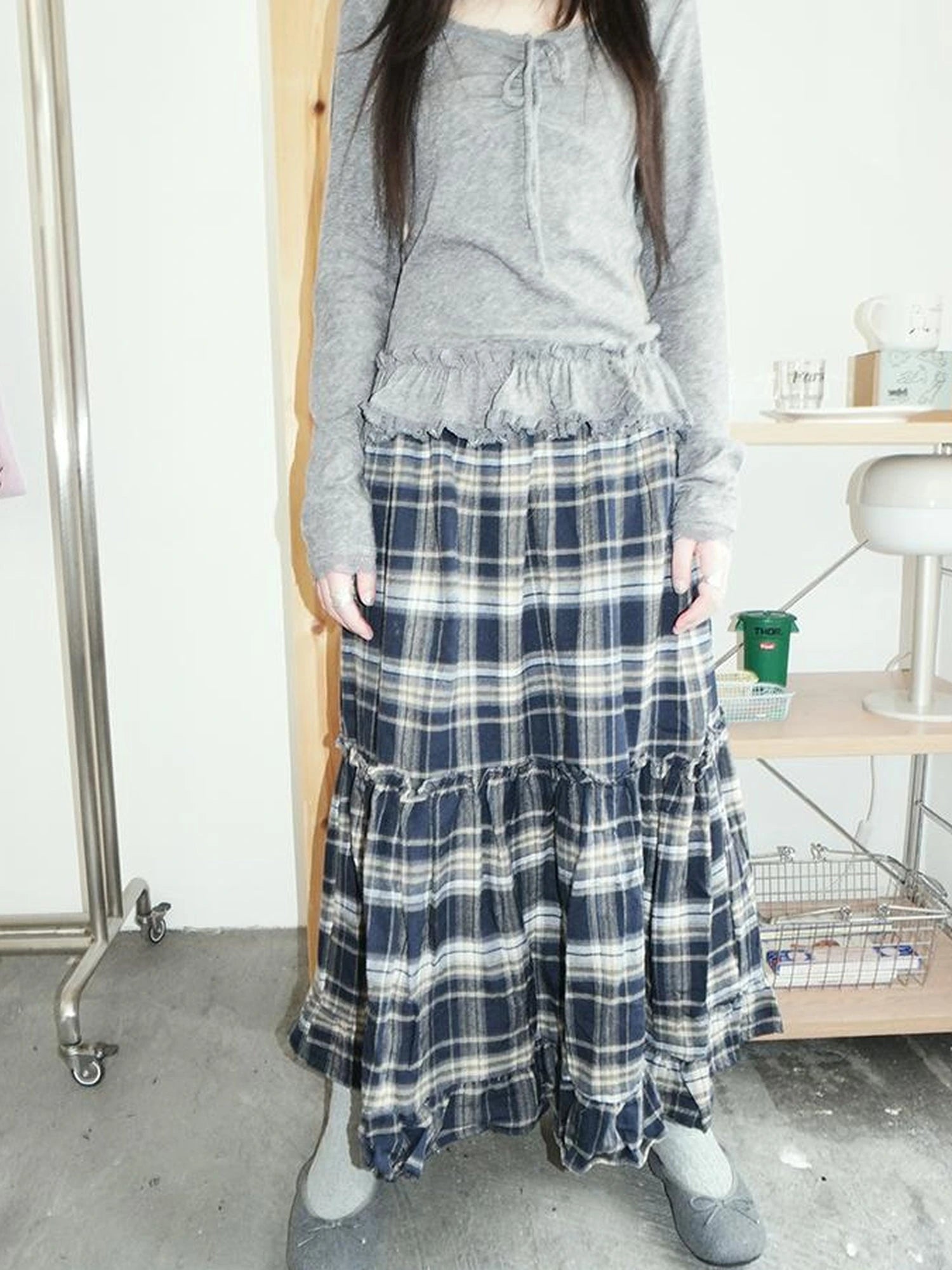 Vintage Plaid Lace Up Waist A Line Skirt