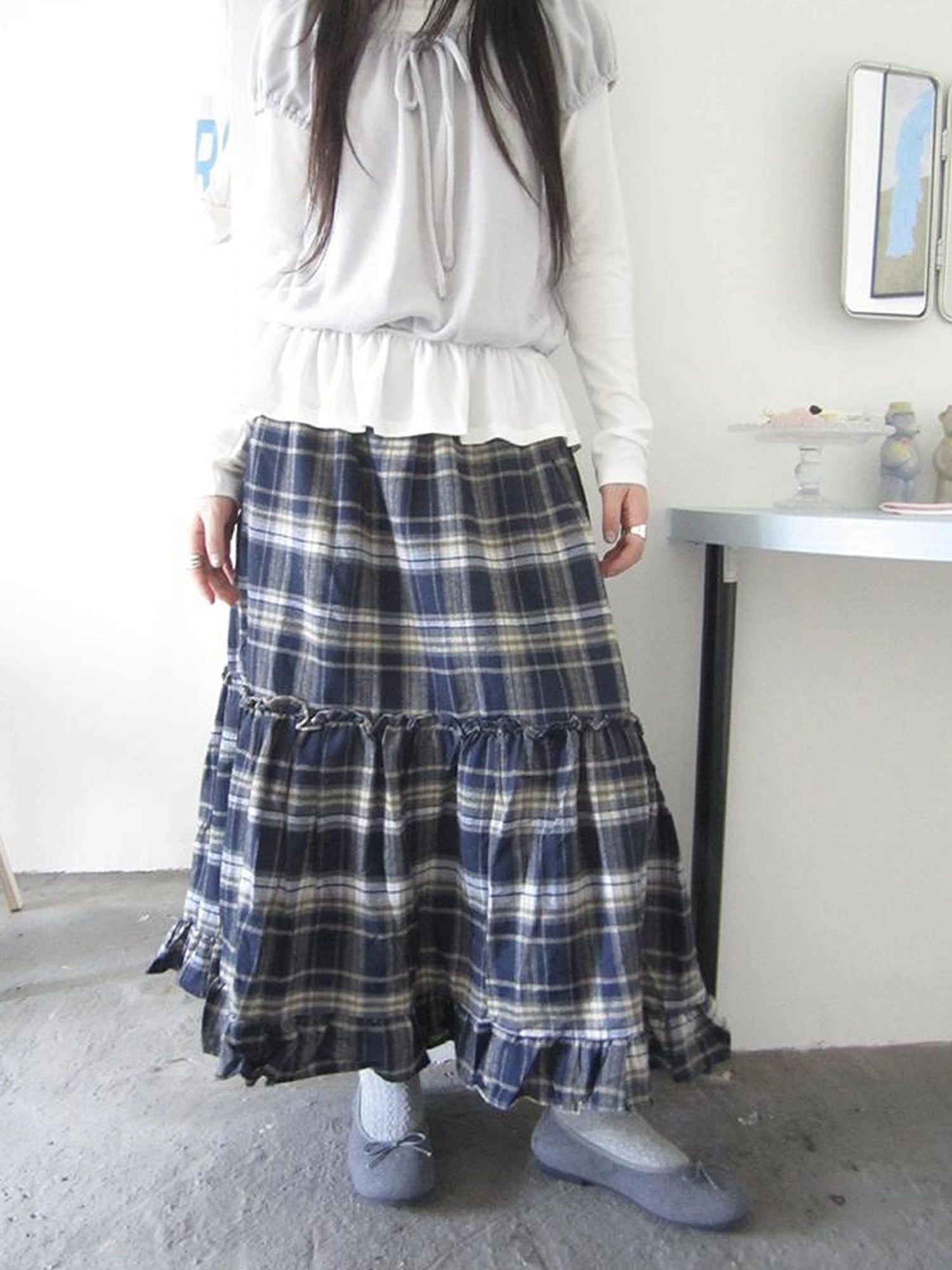 Vintage Plaid Lace Up Waist A Line Skirt