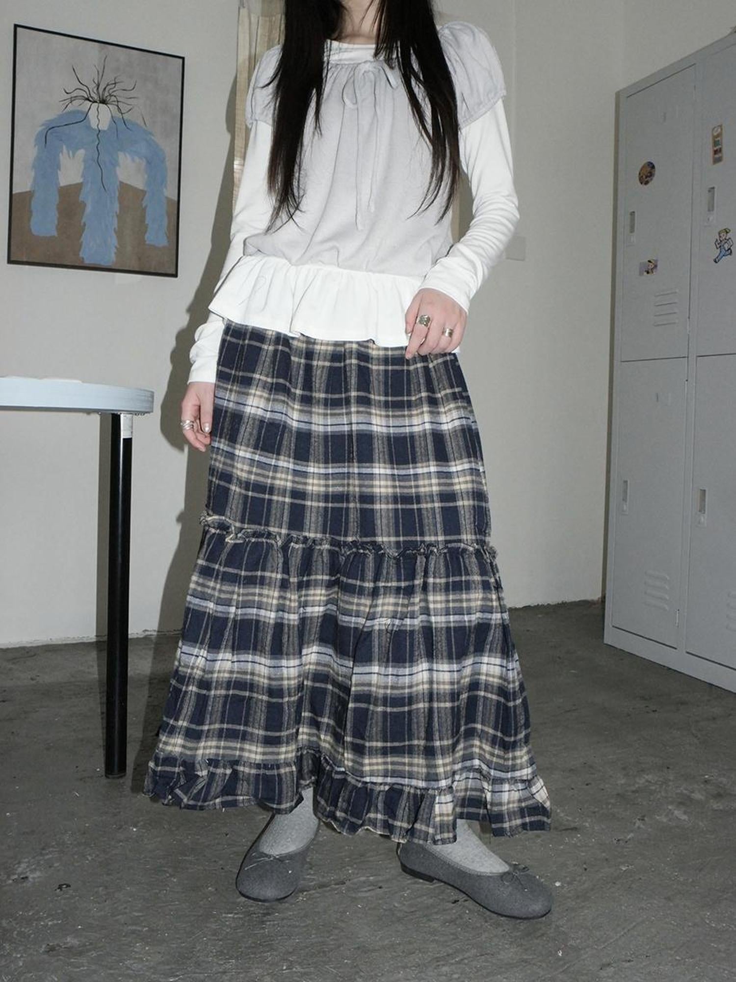 ang project Vintage Plaid Lace Up Waist A Line Skirt