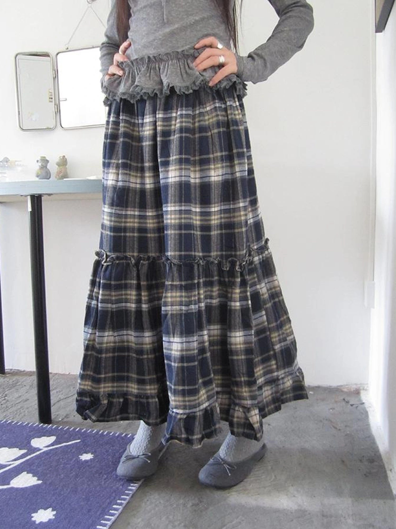 Vintage Plaid Lace Up Waist A Line Skirt
