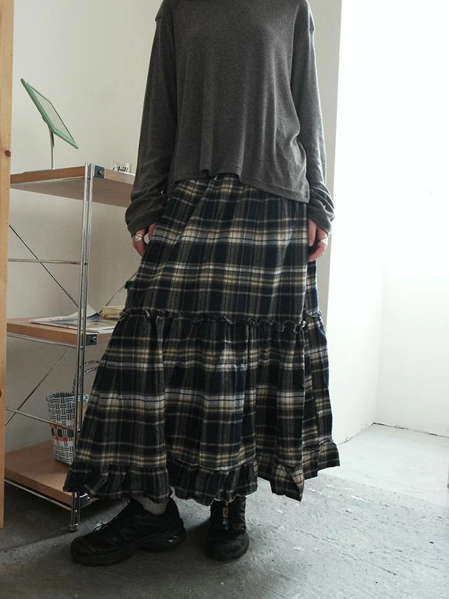 Vintage Plaid Lace Up Waist A Line Skirt