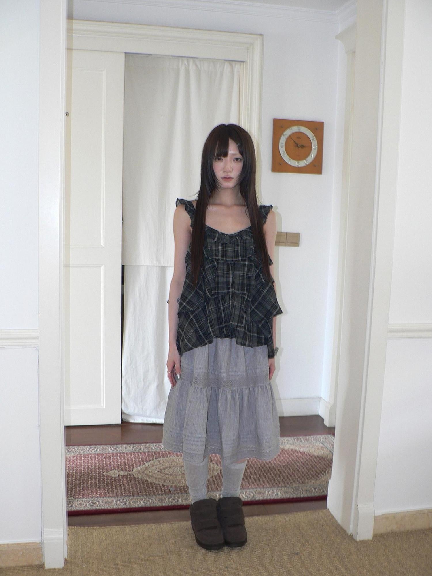 ang project Vintage Plaid Layered Ruffle Asymmetric Tie Women&