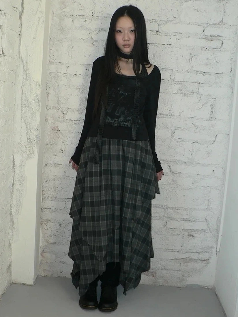 ang project Vintage Plaid Patchwork Double Layer Asymmetrical Raw Hem Skirt Skirt