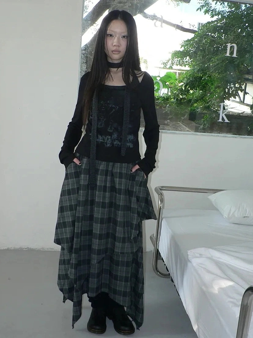 ang project Vintage Plaid Patchwork Double Layer Asymmetrical Raw Hem Skirt Skirt