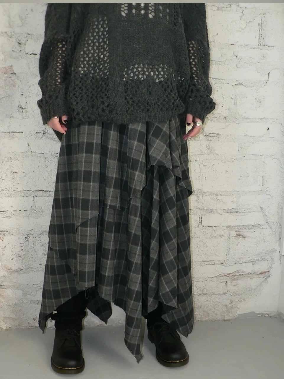 ang project Vintage Plaid Patchwork Double Layer Asymmetrical Raw Hem Skirt Skirt