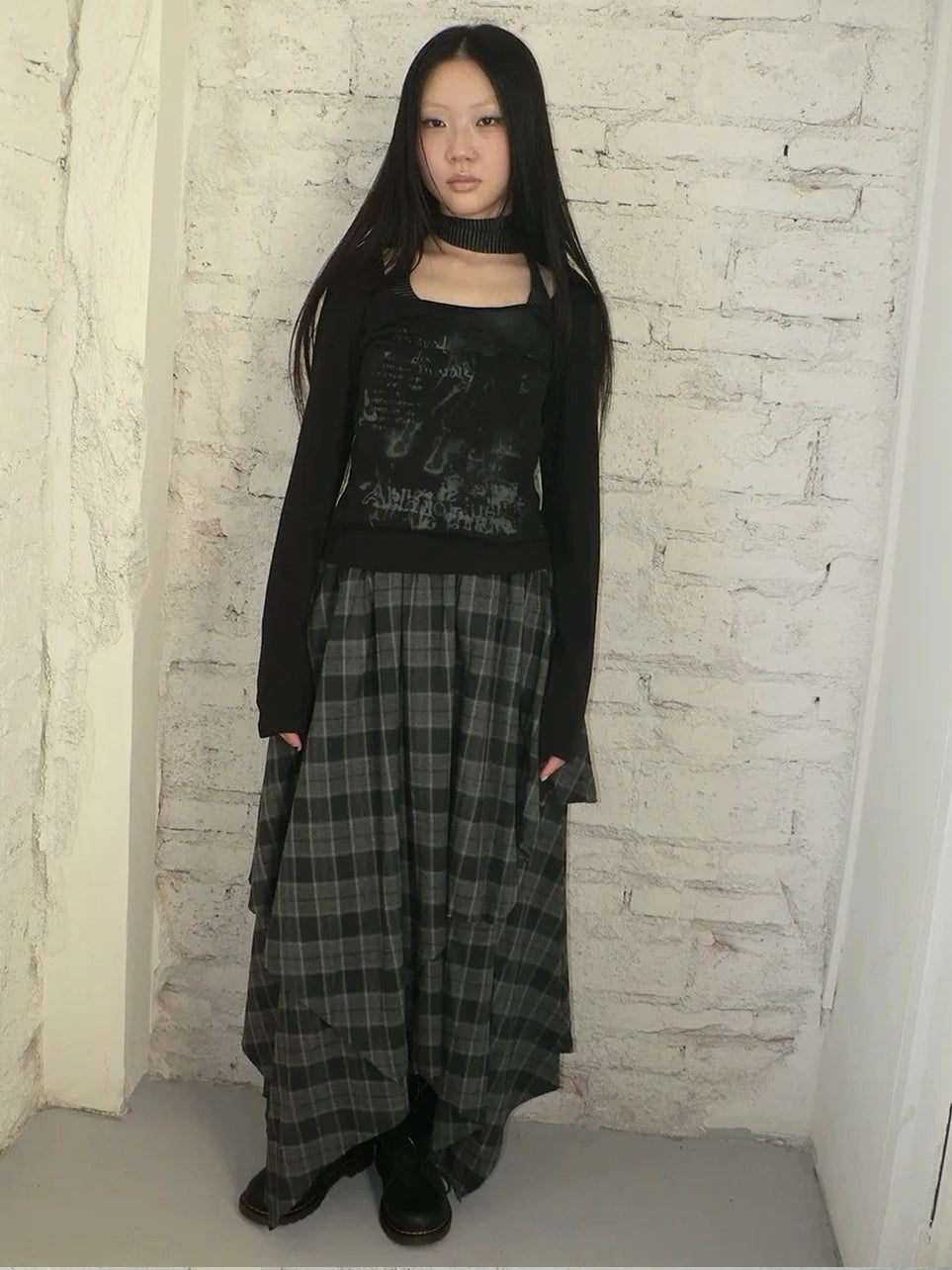 ang project Vintage Plaid Patchwork Double Layer Asymmetrical Raw Hem Skirt Skirt