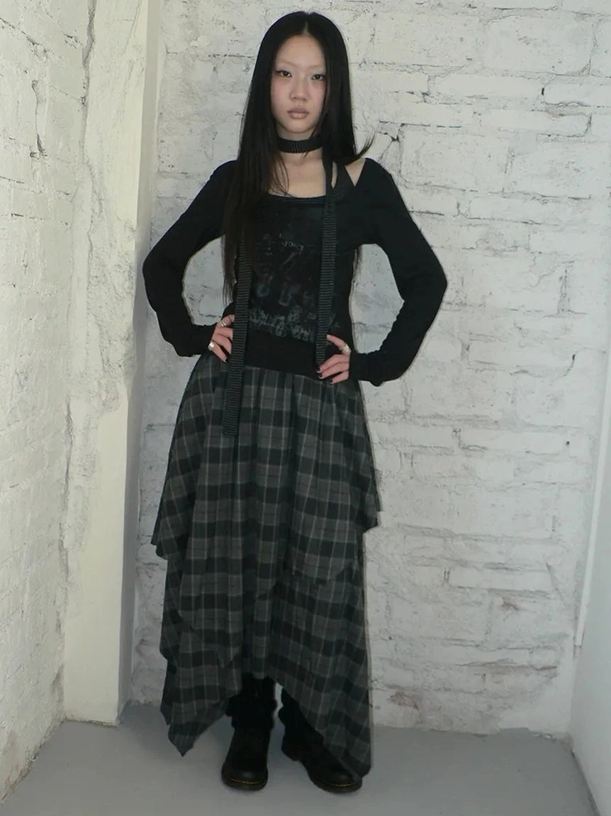ang project Vintage Plaid Patchwork Double Layer Asymmetrical Raw Hem Skirt Skirt