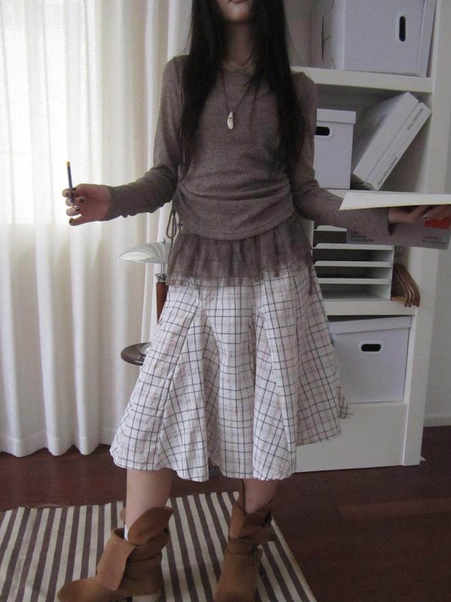 ang project Vintage Plaid Pleated Midi Skirt